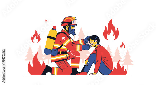 Firefighter rescuing a person from a forest fire, providing aid and support
