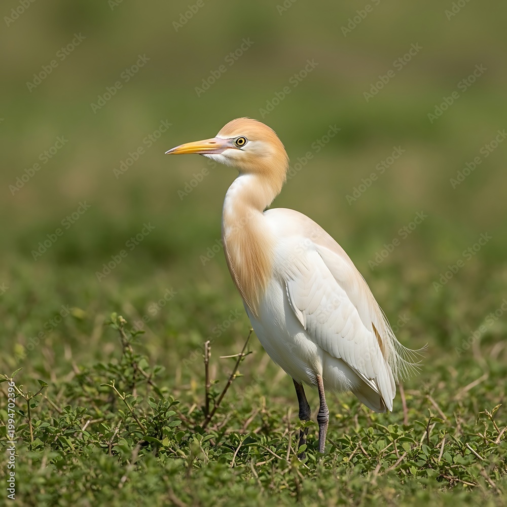 Fototapeta premium Cattle Egret Standing Proudly in Lush Green Field.