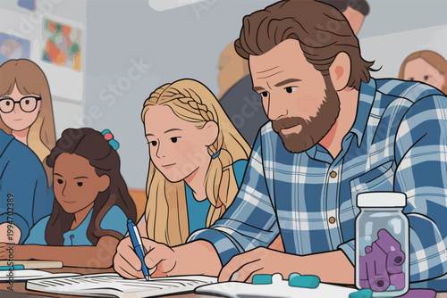 Man Writing During Classroom Activity with Diverse Students