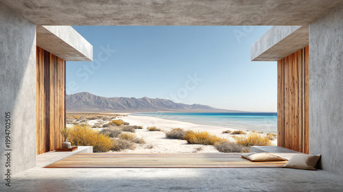 Minimal concrete luxury house with large open frame window overlooking lake and mountains. Modern desert retreat architecture featuring clean lines, panoramic scenery and serene premium living concept