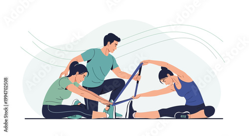 Fitness trainer guiding two women in stretching exercises with resistance band