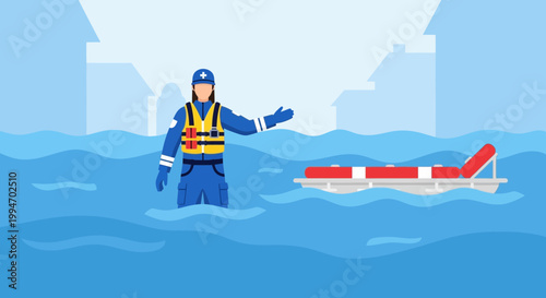 Flood Rescue Worker Directs Evacuation Boat Amidst Flooded Cityscape