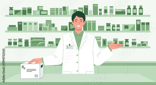 Friendly male pharmacist in white coat with prescription box in pharmacy