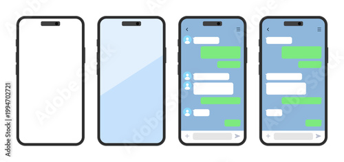 スマートフォン画面とチャットUIのモックアップセット（アプリ画面・シンプル）