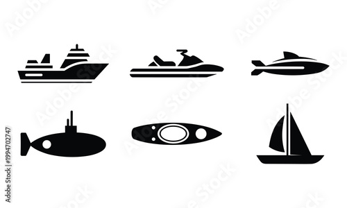Water transportation icons featuring ship jet ski boat submarine kayak and sailing boat.