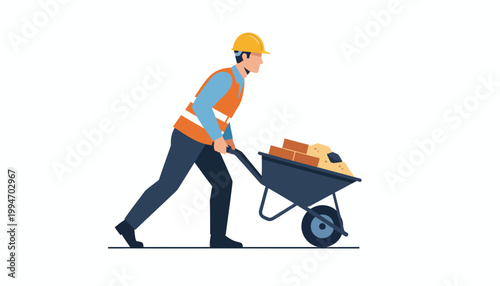 Construction worker pushing wheelbarrow with bricks and sand vector