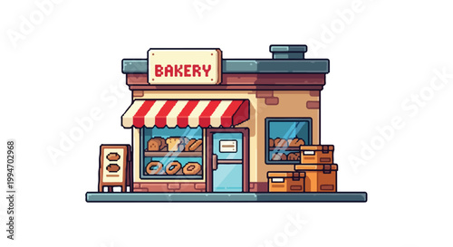 A charming vector illustration of a small bakery shop featuring a red striped awning, window displays of bread, and a stack of delivery boxes.