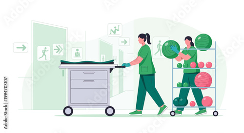 Healthcare professionals organizing physiotherapy equipment in a rehabilitation center hallway.