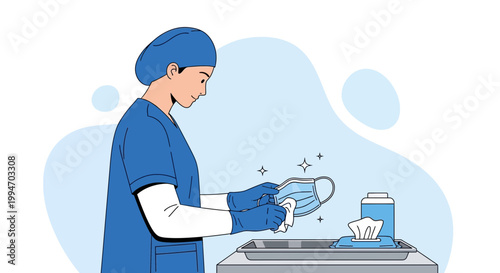Healthcare worker cleaning protective mask, hygiene and safety concept