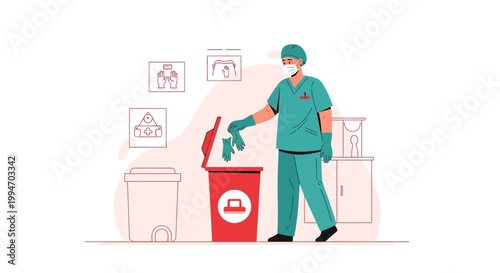 Healthcare worker discarding medical gloves in biohazard bin, safety and hygiene concept