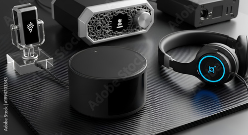 Black electronic devices on table top.