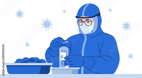 Healthcare worker in hazmat suit collecting sample for COVID-19 testing, virus particles background