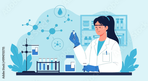 Scientist in Lab Coat Analyzing Sample in Modern Laboratory with Molecules and Equipment