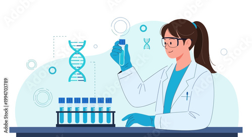 Scientist working with DNA and test tubes in a modern laboratory, science research concept