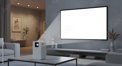 Modern living room with projector screen.