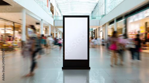 Blank vertical billboard mockup in modern shopping mall interior with motion blurred crowd, advertising display stand, empty poster frame for branding, retail marketing space, comm