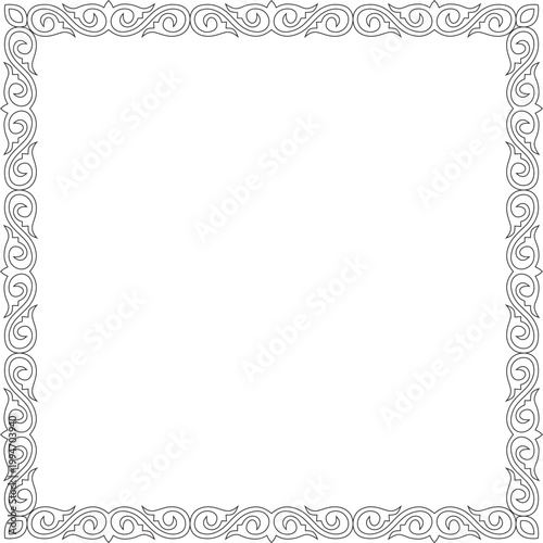 Vector black contour square Kazakh national ornament. Ethnic pattern of the peoples of the Great Steppe,
