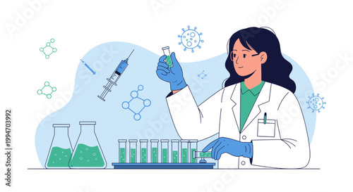 Scientist working with test tubes and microscope in laboratory, research and development concept