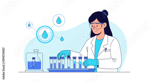 Scientist working with test tubes and water drops in a laboratory, science research concept