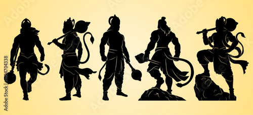 Silhouette set of Hanuman in various heroic poses, holding a mace, showcasing strength, devotion, and mythological symbolism in a bold, minimal vector style.