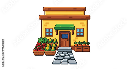 This vibrant vector illustration depicts a charming yellow farm shop with fresh crates of tomatoes, corn, and carrots displayed at the entrance.
