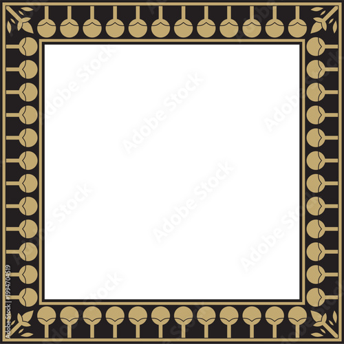 Vector gold and black square Egyptian ornament. Rectangle, frame, ancient Egypt.Pattern of lotus flowers and sun