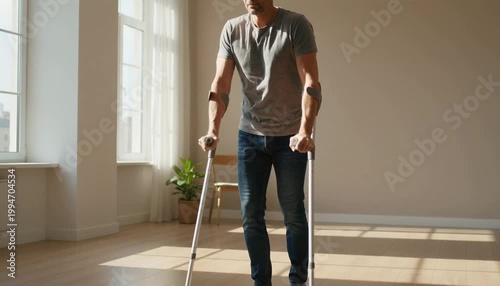 Man confidently navigating a spacious room with forearm crutches during bright daylight