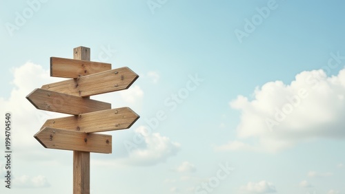 blank wooden signpost with multiple arrows against cloudy sky concept of choice and direction