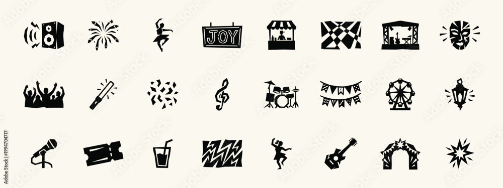 Naklejka premium Music Festival and Carnival Icon Set in Linocut Style