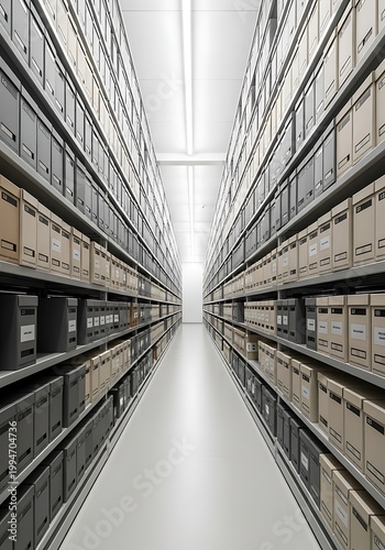 Rows of storage shelves filled with archive boxes in a modern warehouse