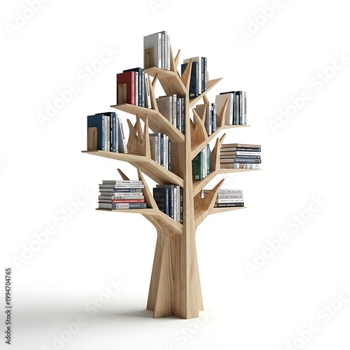 A wooden treeshaped bookshelf isolated on white background