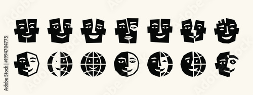 Abstract Geometric Human Face and World Globe Icons Set