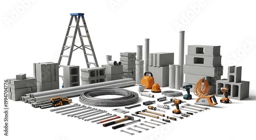 Assorted construction materials and tools isolated on white background