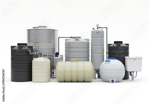 Collection of various industrial water storage tanks isolated on white background