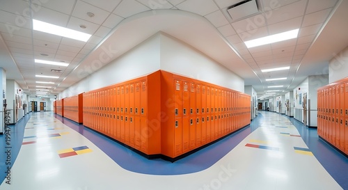 Modern school hallway with bright orange lockers and colorful floor patterns