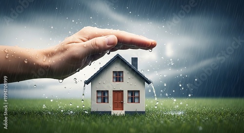 A giant hand protecting a small house during a heavy rainstorm