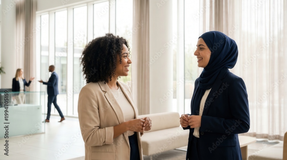 Obraz premium Diverse professional women talking in a modern office lobby. Business inclusion and networking concept with Black and Muslim female colleagues.