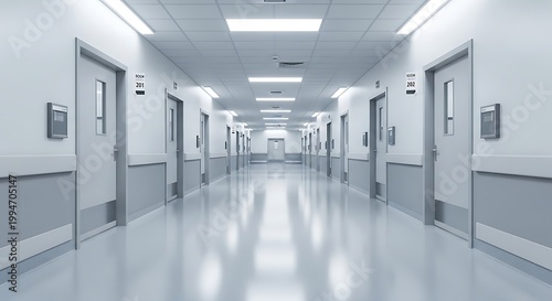 Modern hospital corridor with clinical lighting and multiple patient room doors