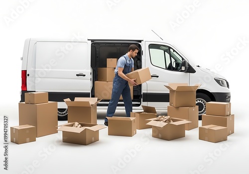 Delivery man loading cardboard boxes into a white van isolated on white background