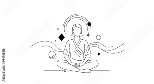 Person meditating with abstract cosmic elements in minimalist style