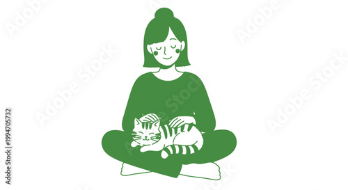 Obraz na plátně Relaxed woman petting sleeping cat in lap, minimalist illustration