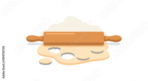 Rolling pin with dough on table.