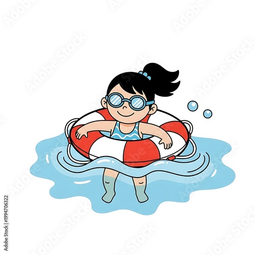 Girl in the pool with a life preserver enjoying summer.