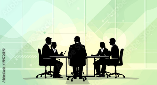 Silhouettes of six business professionals conducting a meeting around a conference table in a modern office setting with a green abstract background.