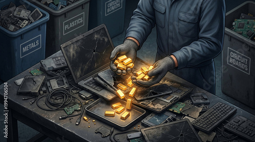 Recycling Electronic Devices into Valuable Gold Resource Illustration
