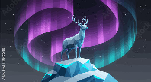 A stylized geometric deer stands on an icy peak under a vibrant aurora borealis in a cold, ethereal night landscape.