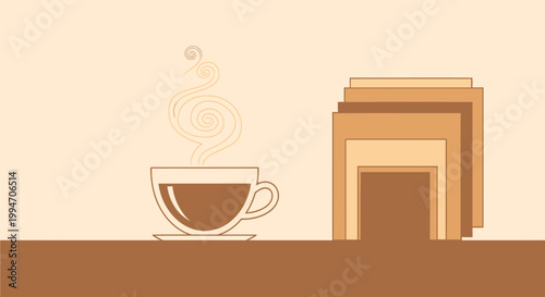 Stylized illustration of a steaming cup of coffee next to a stack of napkins on a brown surface, depicting a cozy break.