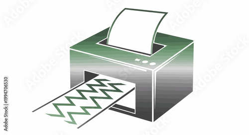 An illustration of a paper shredder with a sheet of paper being fed into the top and shredded paper emerging from the front slot, depicted in green and grey tones.
