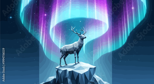 A majestic deer stands on a snowy peak under a vibrant, glowing aurora borealis, creating a mystical arctic landscape scene.