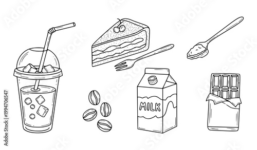 Coffee and Dessert Doodle Icons Collection Black White Line Art Cafe Elements Set
